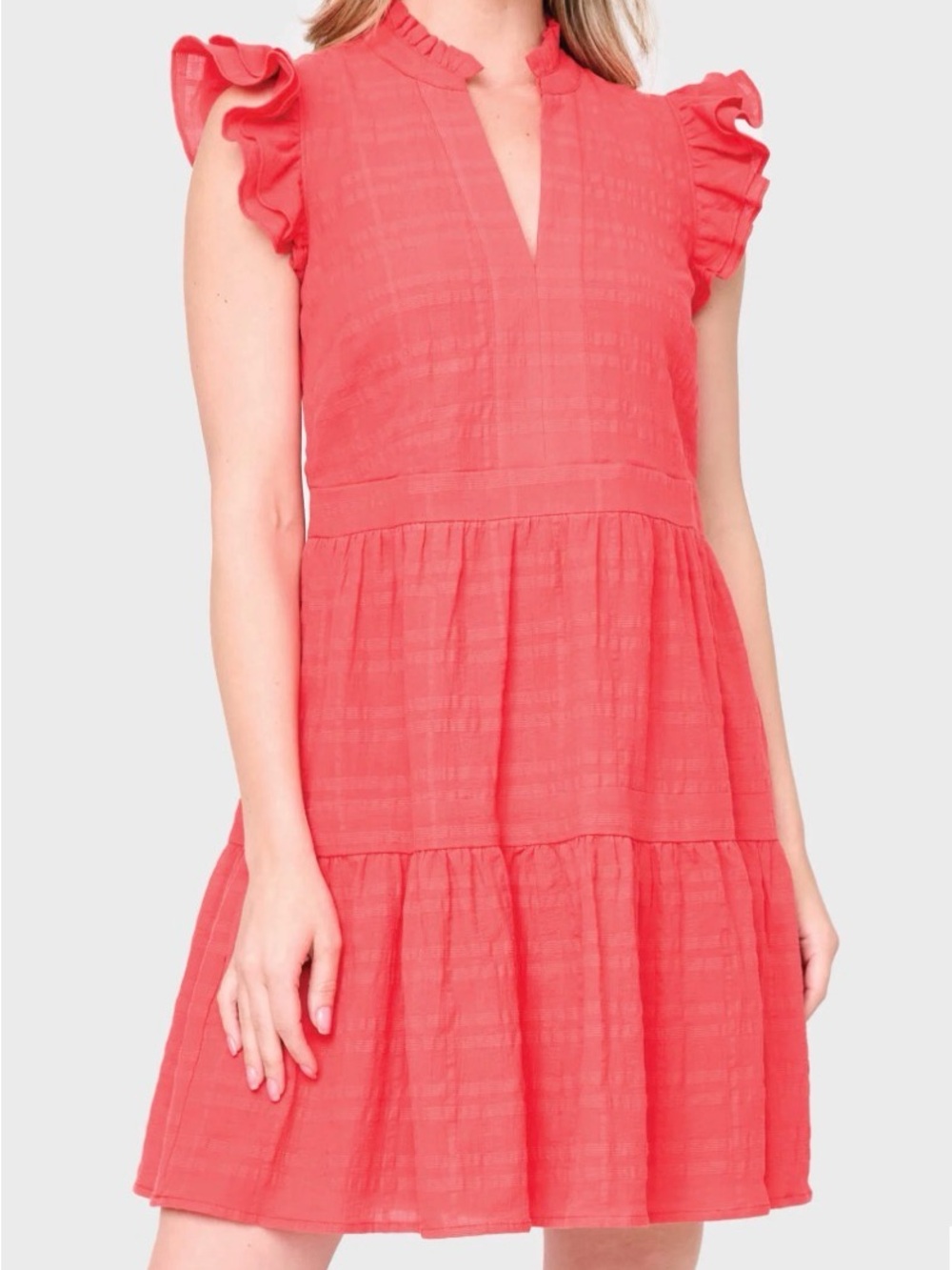 Gibsonlook Boutique Coquette Coral Babydoll Ruffle Sleeve V-Neck Tiered Dress